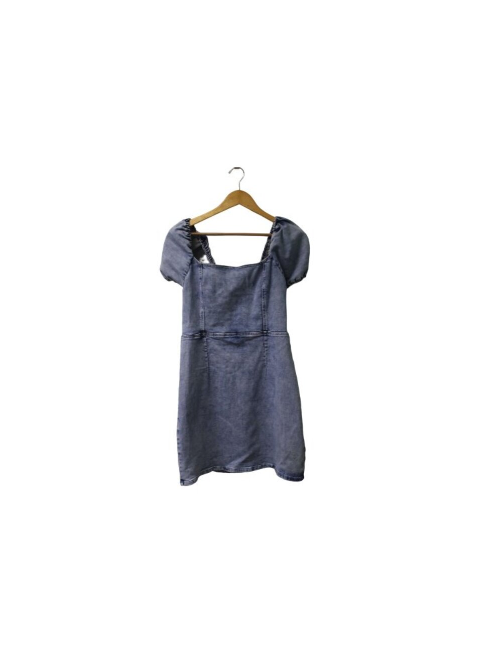NWT bebe Blue Denim Lace Back‎ Knee-Length Dress Size 10 Puff Sleeves MSRP $129